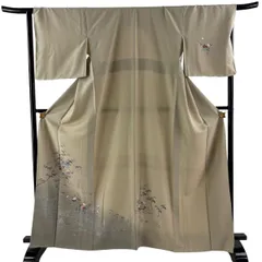 【美品】 付下げ 身丈164.5cm 裄丈67cm M 袷 落款 家屋 松 ぼかし ベージュ 正絹 秀品 【中古】