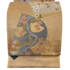 袋帯 秀品 菊 梅 金糸 箔 茶色 お太鼓柄 正絹 【中古】