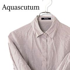 AQUASCUTUM アクアスキュータム レディース ブラウン 9 M シャツ ブラウス 長袖 ストライプ 絹 シルク混 綿 レナウン 日本製 比翼仕立て 茶色 ホワイト 白 オフィス 通学 通勤 高級 上品 トラッド トップス USED 古着 362TY