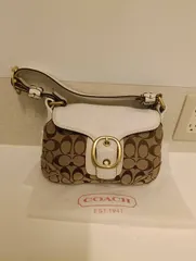 【中古品】 COACHコーチ シグネチャー ワンショルダーバッグ 11441 茶ブラウン×白ホワイト キャンバス×レザー 肩掛け 手提げ バッグかばん 保存袋付き 現状品