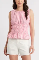 キャスロン レディース トップス シャツ シャーリング Caslon Stripe Smocked Peplum Poplin TopINK ZENNA IVORY PENNY STRIPE アイボリ