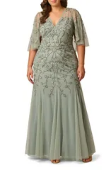 アドリアナ パペル レディース トップス ワンピース ケープデザイン プラスサイズ メッシュ キャップ ケープ Adrianna Papell Beaded Mesh Cape Sleeve Gown