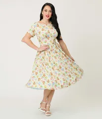 ユニークビンテージ レディース トップス ワンピース シャーリング Unique Vintage Smocked Back Swing Dress Green WBunny Print グリーン