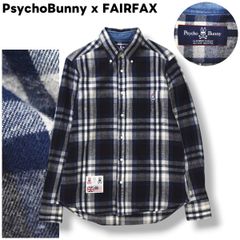 日本製 サイコバニー PsychoBunny x フェアファクス FAIRFAX 長袖 フランネル シャツ ボタンダウン シングルポケット ラウンドヘム ロゴ 刺繍 M チェック柄 ネイビー メンズ