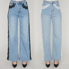 デニムペプラムバックZIPトップス + カーヴィースリットデニムパンツ