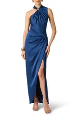 アイダンマットックス レディース トップス ワンピース クレープ ワンショルダー サテン Aidan Mattox OneShoulder Crepe Back Satin Gow nAVY ネイビー