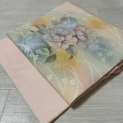名古屋帯 塩瀬 銀彩 花模様 パステルの暈し染 九寸 正絹 着物 X-8558