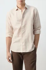 マンゴ メンズ トップス シャツ リネン MANGO Stripe Linen Blend ButtonUp Shirt ORANGE オレンジ