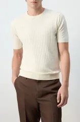 マンゴ メンズ トップス Tシャツ リネン MANGO Linen Blend Rib TShirt OFF WHITE オフホワイト