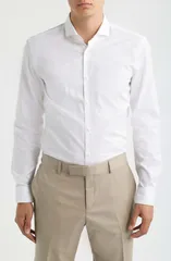 ボス メンズ トップス シャツ スリムフィット コットン BOSS Hank Slim Fit Solid Cotton Dresshirt Big Regular WHITE ホワイト