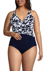 ランズエンド レディース トップス ワンピース プラスサイズ Lands End SlenderSuit Wrap One Piece Swimsuit Plus Navy Blossom Flora