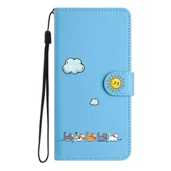 【新品】 ALSDKEZI 対応 かんたんスマホ5 A601ZT ケース 手帳型 可愛い 猫柄 カード収納 マグネット式 リストストラップ付き（青）