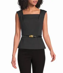 ダナキャラン レディース トップス シャツ クレープ ノースリーブラウス Donna Karan Woven Crepe Square Neck Sleeveless Blouse Black ブラッ