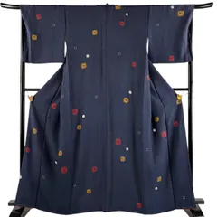 小紋 身丈163cm 裄丈68.5cm L 袷 幾何学 地紋 絞り 紺色 正絹 秀品 【中古】