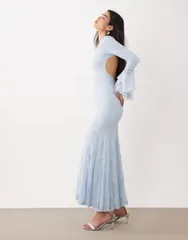 エイソス レディース トップス ワンピース レース マキシ ASOS DESIGN lace maxi dress with godet inserts and fluted sleeves Blue