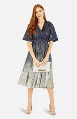 ユミキム レディース トップス ワンピース Vネック ミディ スパンコール Yumi Ombre Sequin VNeck Midi Dress Navy ネイビー
