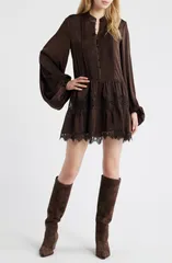バードット レディース トップス ワンピース レーストリム ミニ サテン レース Bardot Antonia Lace Trim Long Sleeve Satin Minidress DARK C