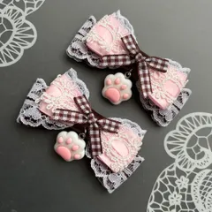 肉球♡はしごレースギンガムミニリボン付❽　茶ピンク　ヘアクリップ  量産型　地雷　ゴスロリ　天使界隈　サブカル　コンカフェ