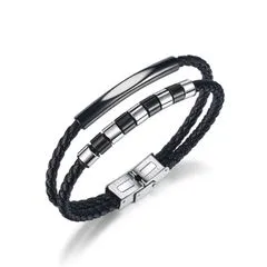 ブレスレット メンズ レザー 革 ブラック シルバー ステンレス 多層チェーン 編み込み 二連ブレスレットプレート 編み込み ファッション アクセサリー
