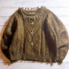 個性派 YING HO HONG Cardigan YING HO HONG カーディガン ブラウン 茶色 モヘア調 シャギー素材 フリンジ装飾 デザインボタン 레트로 ヴィンテージ古着 ニット #Q4529