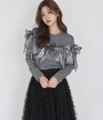 デニムペプラムバックZIPトップス + カーヴィースリットデニムパンツ