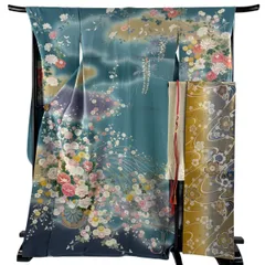 振袖 身丈170cm 裄丈69cm L 袷 袋帯フルセット 落款 花車 牡丹 染め分け ぼかし 青緑 正絹 名品 【中古】
