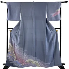 付下げ 身丈163cm 裄丈67.5cm L 袷 花 霞 金通し 金彩 青灰色 正絹 逸品 【中古】