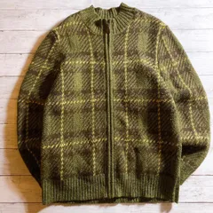 【雰囲気抜群】KASPER & COMPANY ZIP KNIT CARDIGAN キャスパーアンドカンパニー オリーブ グリーン チェック柄 ハイネック ジップアップ 古着 ニット カーディガン #M8164