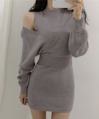 ニットワンピース セットアップ 韓国風【カラー：グレー　商品コード：AMVV-86002】