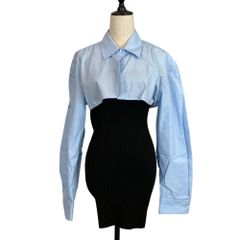 良品 alexanderwang アレキサンダーワン クロップドシャツコンビ リブニットドレス ミニワンピース S ブラック ブルー レディース 古着 中古 USED