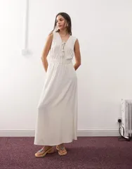リクレイム ヴィンテージ レディース トップス ワンピース リネン マキシ Reclaimed Vintage maxi sun dress with ruching and ties in ecru