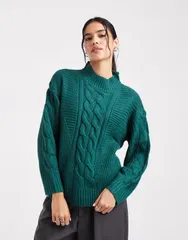 ウェンズデーガール レディース アウター ニット・セーター ハイネック Wednesdays Girl cable knit high neck sweater in forrest Green グリ