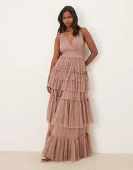 レース アンド ビーズ レディース トップス ワンピース チュール ティアード マキシ Lace Beads Bridesmaid tiered tulle maxi dress in taupe ト