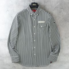 美品 new balance golf ニューバランス ゴルフ 長袖 ボタンダウン シャツ ストライプ 吸汗速乾 メンズ 5 (L) ゴルフウェア 白 × 黒
