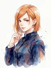 A4サイズ c703 水彩画風イラスト 金髪の女性 紺色の学ラン風衣装 ハンマーのピアス アート作品