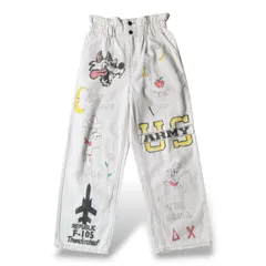 HAND PAINTED ART STENCIL MEMORIAL DESIGN WIDE DENIM PANTS / ハンド ペイント アート ステンシル メモリアル 落書き ワイド デニム パンツ フィリックス ミリタリー