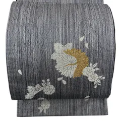 袋帯 秀品 菊 鶴 金糸 灰色 お太鼓柄 正絹 【中古】