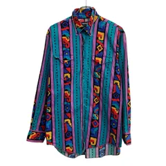 90s USA製 Wrangler 長袖 ストライプシャツ L パープル マルチカラー ラングラー ボタンダウン 90年代 総柄シャツ 春物 a809-5514
