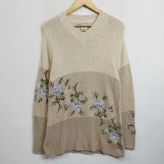 LAURA ASHLEY ローラアシュレイ Vネック コットンニット セーター 花柄 フラワー 配色 切替 オーバーシルエット BOHO 古着 ホワイト系 S I174