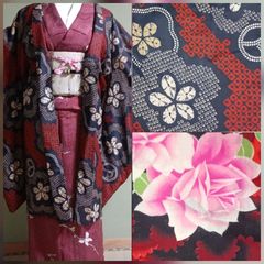 アンティーク着物☆銘仙☆正絹☆小紋☆袷☆緑に赤バラ☆大正ロマン