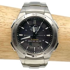 稼働/電波◎ CASIO カシオ ウェーブセプター WAVE CEPTOR WVA-470 電波ソーラー 腕時計 アナデジ アナログ デジタル 3針 ラウンド ブラック文字盤 メタルバンド タフソーラー 多機能 スタイリッシュ【x5】