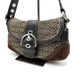 良品 COACH コーチ Y2K シグネチャー ソーホー ショルダーバッグ soho shoulder bag brown beige suede leather canvas buckle silver parts flap bag monogram