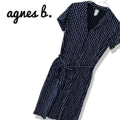 agnes b. アニエスベー レディース M相当 ネイビー ホワイト 紺 白 ドット柄 水玉 半袖 ワンピース 開襟 シャツワンピース ウエストリボンベルト Aライン ストレッチ コットン 日本製 デイリー フレンチシック 美品 380TY