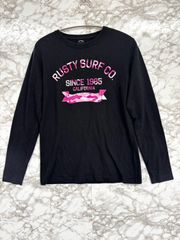 RUSTY ラスティ フロントロゴプリント ロンT 長袖Tシャツ レディース ブラック×ピンク◆Size XL