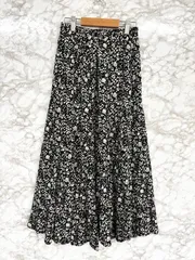 レディース◆レーヨン100％ 花柄 フラワーモチーフ ロング フレアスカート ウエストゴム ブラック◆Size S