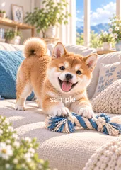 豆柴の子犬と遊ぶ午後｜柴犬 犬 癒しアート 水彩画風 インテリア   【柴犬collection No.010】