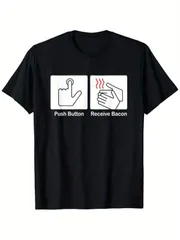 メンズ クルーネック Tシャツ 「ボタンがベーコンを受け取る」 面白いグラフィック入り オールシーズン対応 カジュアルウェアに万能