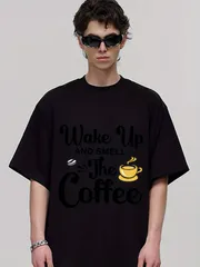 メンズ コーヒー豆＆カップ グラフィック Tシャツ - 230gsm ヘビーウェイト カジュアル 半袖ティー コーヒーカップロゴ付き