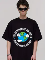 【スタンダードサイズ グラフィックTシャツ】カジュアル半袖Tシャツ｜「地球の回転が本当に私の一日を明るくする」グラフィックTシャツ｜レギュラーフィット 夏用トップス