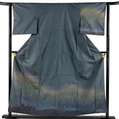 付下げ 身丈156cm 裄丈62.5cm S 袷 紬地 唐草 ぼかし 青灰色 正絹 秀品 【中古】